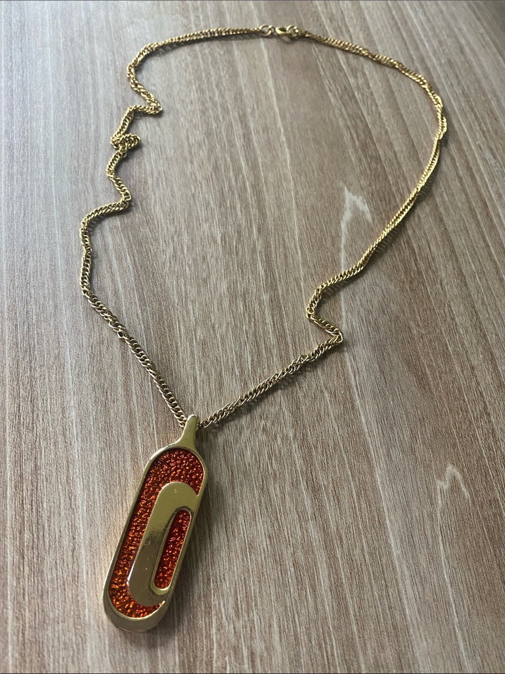 Vintage 70s Gold-Tone Pendant Necklace with Orange Metallic Enamel Inlay